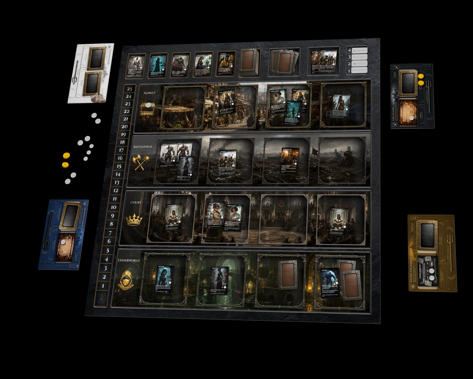 A game of The Iron Republic in play, with its shared board, faction mats, agents, cards, and coins